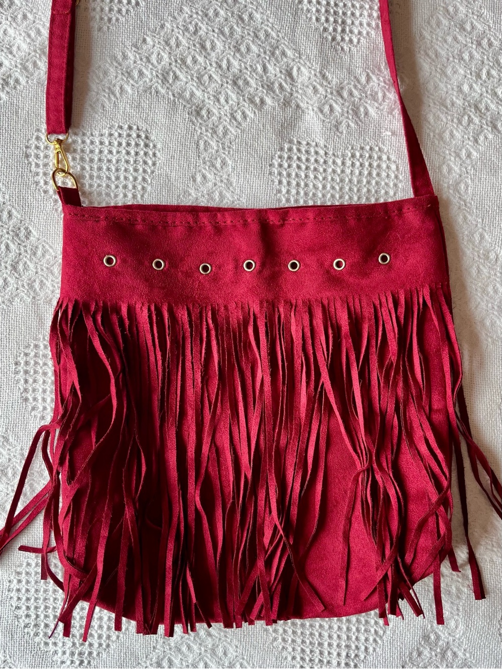 Vegan Suede Bright Red Soft Fringed Hobo Shoulder Bag with Long Adjustable Strap